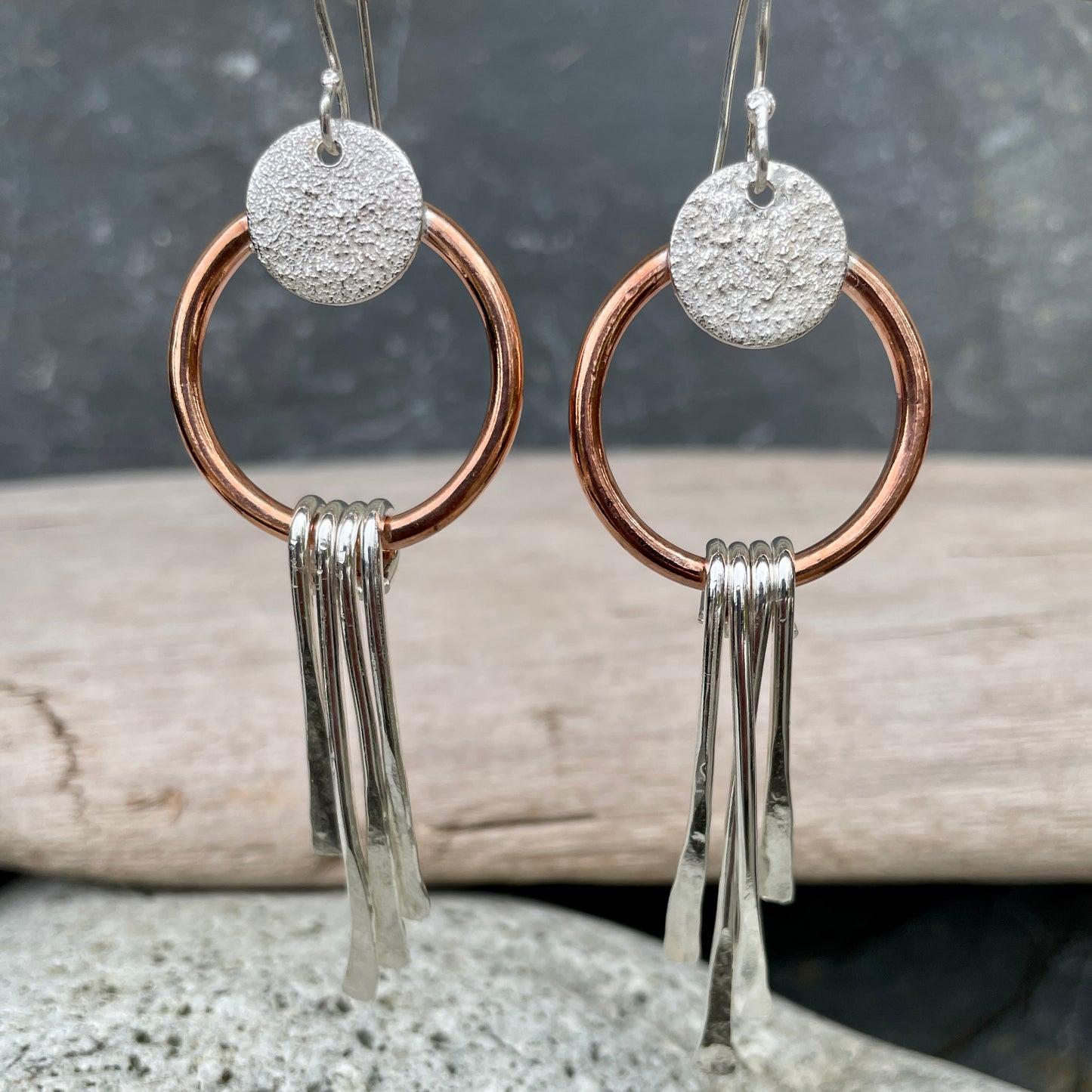silver and copper dangly earrings
