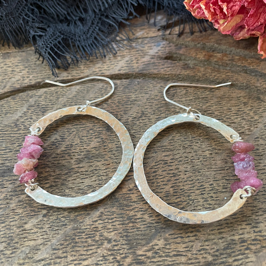 handmade silver and ruby hoop earrings