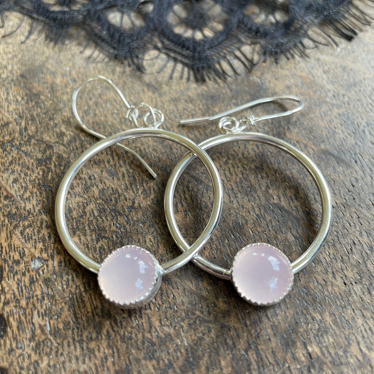 rose quartz silver hoop earrings