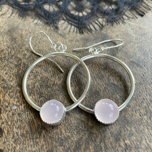 rose quartz silver hoop earrings