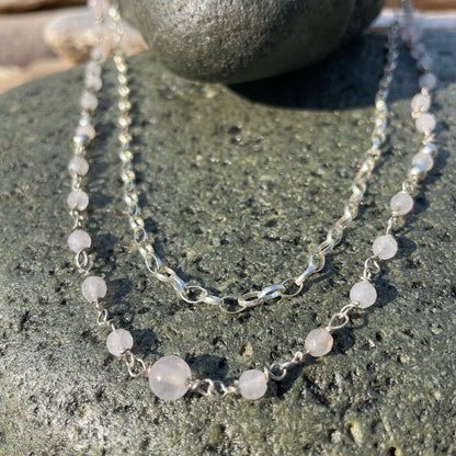 Rose Quartz & Sterling Silver Double Chain Necklace